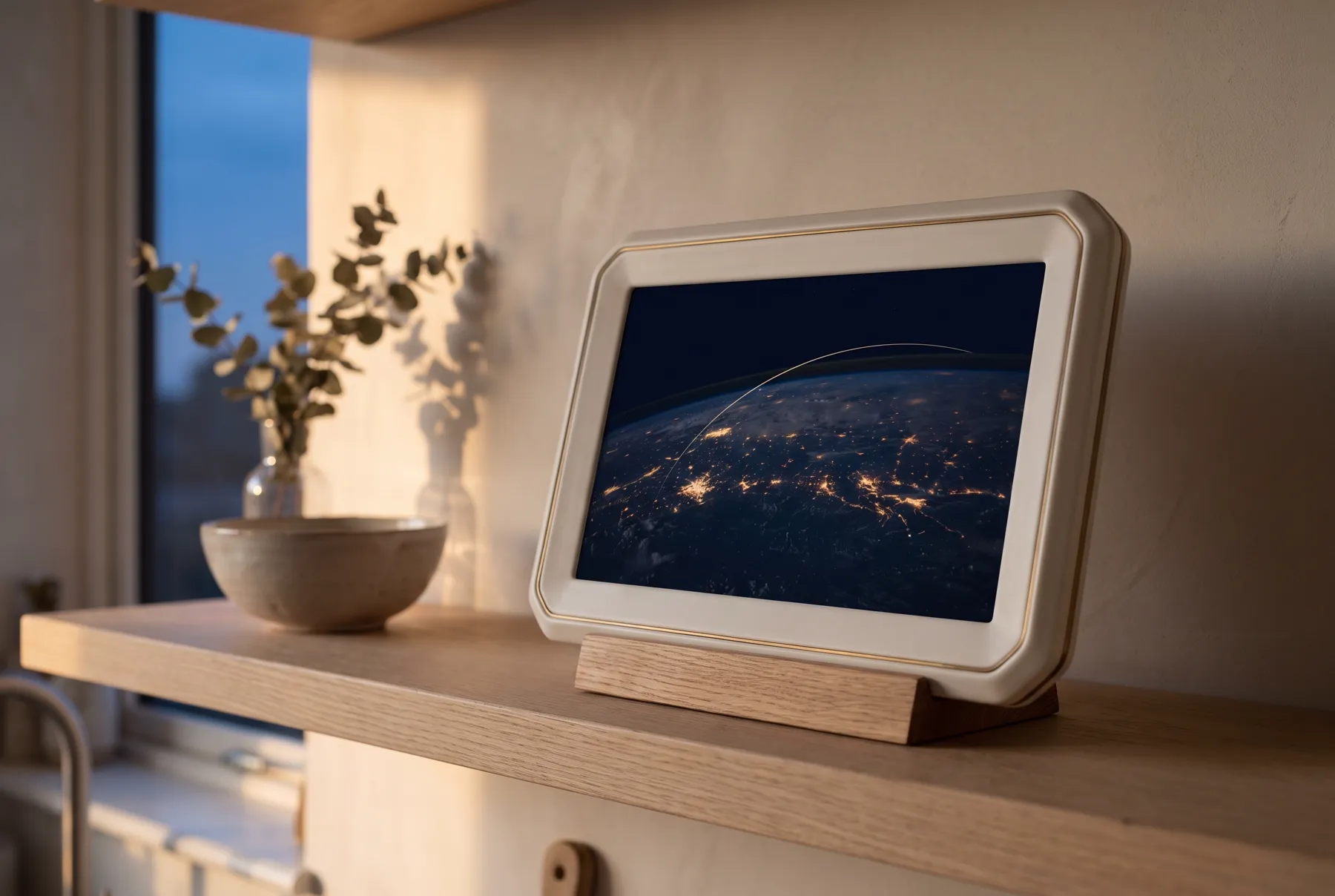 The TouchBase display on a pale oak kitchen shelf at dusk, its screen showing city lights and a flight arc across a dark globe