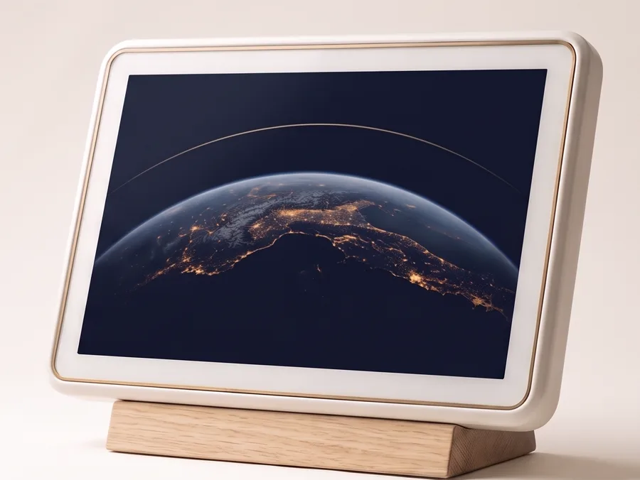 The TouchBase Display: a bone-white ceramic frame with a slim brass seam, resting on a solid oak wedge stand