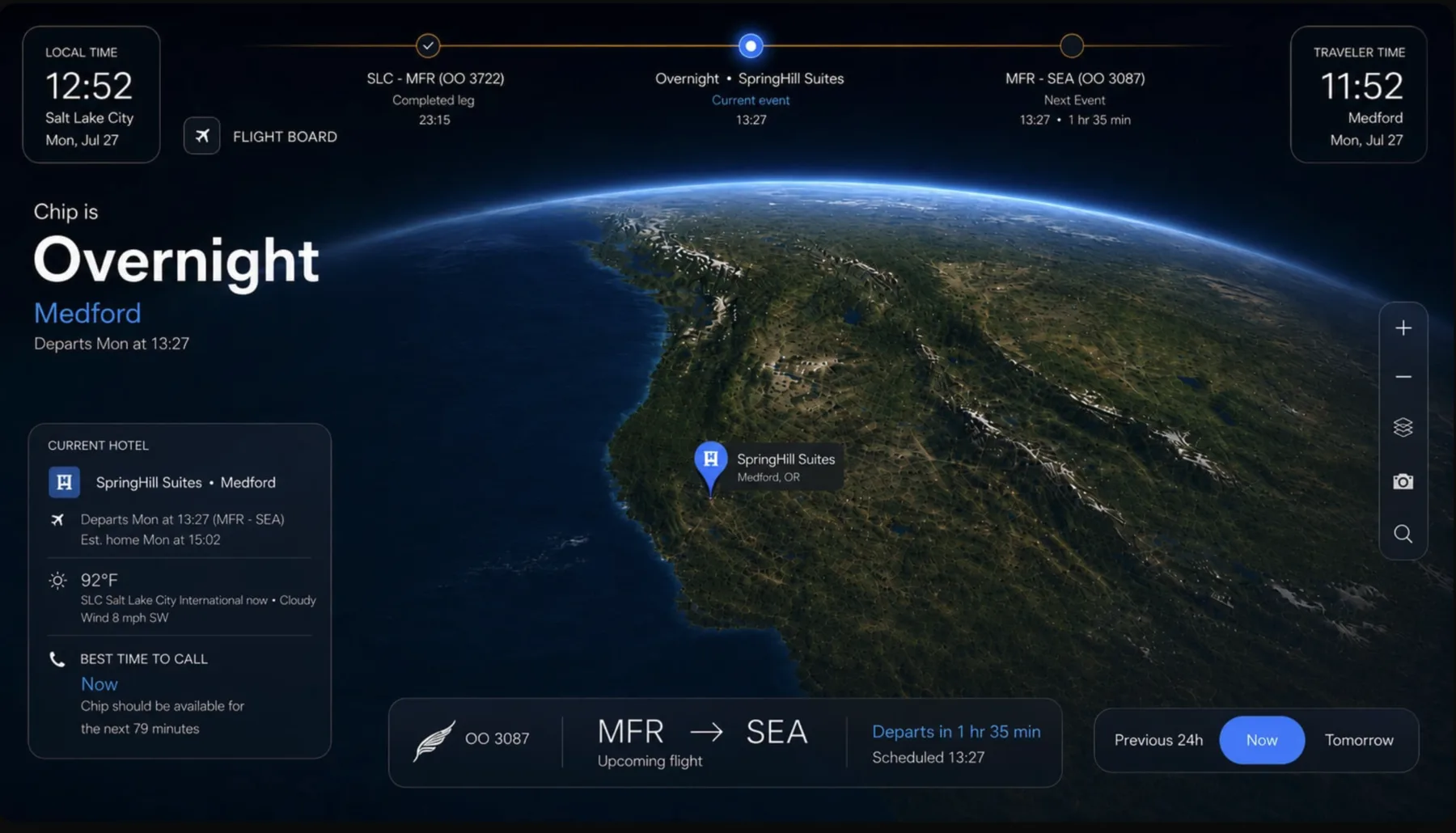 The TouchBase display showing an overnight stop in Medford: local time, the hotel, the next flight, and the best time to call